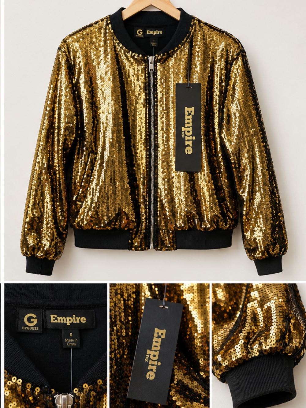 G by Guess Gold Sequin Bomber Jacket with Black Trim